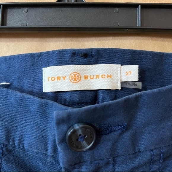 Tory Burch | Fringe Trim Side Stripe Cropped Chino Pants Navy Sea Size 27 - Picture 3 of 15